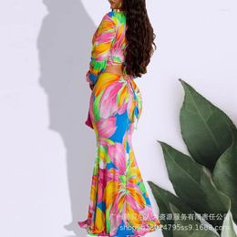 Casual Dresses Tight Fishtail Dress Summer Sexy Sheath Bodycon Y2K Floral Women Long Sleeve Deep V Neck Hollow Out