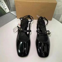 Dress Shoes 2024 High Heels Mary Janes For Women Pumps Fashion Double Buckle Strap Woman Black Patent Leather