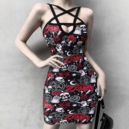 Casual Dresses Black Skull & Star Print Spaghetti Strap Deep V Neck Mini Sheath Steampunk Dress Women Sexy Gothic Clothing