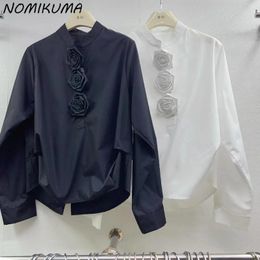Women's Blouses Nomikuma Women Shirts Chic Korean 3D Flowers Stand Neck Long Sleeve Tops Causal Pullover Fashion Camisas De Mujer
