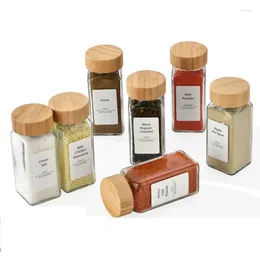Storage Bottles Transparent Glass Spice Jars With Bamboo Lid Seasoning Containers Salt Pepper Shakers Organiser Square Jar
