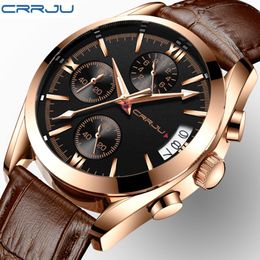 CRRJU Mens Chronograp Sport Watches Luxury Quartz Gold Watch Men Casual Leather Business Waterproof WristWatch Relogio Masculino 3256