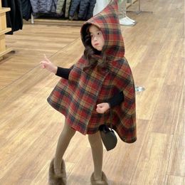 Jackets Girls Coat 2024 Winter Childrens Korean Style Double-sided Woollen Composite Cloak Hairball Plaid