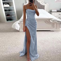 Basic Casual Dresses Elegant light blue long night dance dress for womens sexy sequins high stitched spaghetti shoulder strap dress for graduate school s J240523