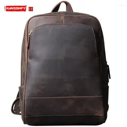 Backpack Men Shoulder Bag Leather 15.6 Inch Laptop Travel Crazy Horse Schoolbag First Layer Cowhide Retro Male