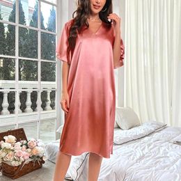 Women's Sleepwear Women Long Lightweight Silk Solid Colour Loose Tie Belt Asymmetrical Soft Pyjama And Sleep Pants Set Short Cotton Nightgown