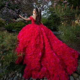 Rose Red Shiny Quinceanera Dresses Off The Shoulder Beads Crystal Tull Tiered Vestidos De 15 Formal Princess Party Dress Sweet 16