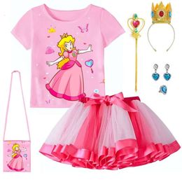 Girls Peach Princess Tutu Skirt Set Pink Clothes T-shirt+Skirt+Bag 3pcs Suit Super Bro Children Cosplay Costume Party Birthday L2405