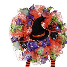 Decorative Flowers Halloween Wreath For Front Door Handmade Two Long Legs Mesh Decor Pumpkin Garland Home Window Indoor Outdoor Decoration