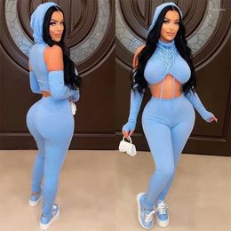 Women's Pants Two Piece Set Autumn Winter Long Sleeve Strapless Hooded Party Crop Top And Pencil Club Outfit Matching