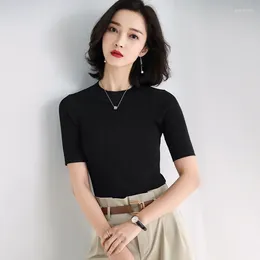 Women's Polos Thin Black Knitted T-shirt Self-cultivation Summer Inner Base Short-sleeved Sweater