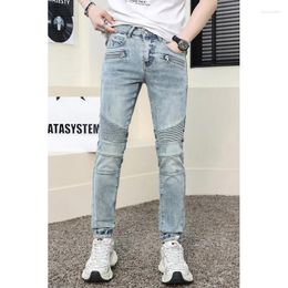 Men's Jeans Motorcycle Retro Light Blue Fashion Clothing Street Cool Pleated Slim Fit Patchwork Tappered Pants