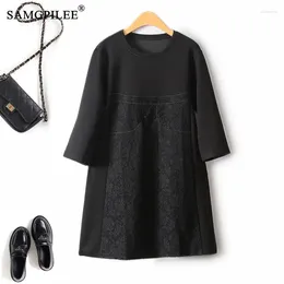 Casual Dresses 2024 Autumn Winter Lace Splicing Women Wide Sleeved Black Hepburn Style O Neck Mid Length Elegant Bottoming Dress