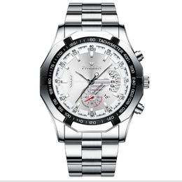 FNGEEN Brand White Steel Quartz Mens Watches Crystal Glass High Definition Luminous Watch Date 44MM Diameter Personality Stylish Man Wr 1892