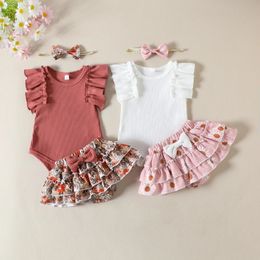 born Baby Girl Summer Cotton Cute Romper Outfit Short Sleeve Tutu Skirt Bowknot Headband Set Birthday Party Clothes 240515