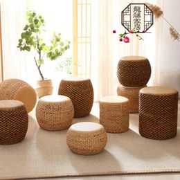 Pillow 2024 Low Stool Made Of Rope Solid Wood Furniture Japanese Style Handmade Rattan Straw Sitting Pier Round Drum Tabouret Sofa