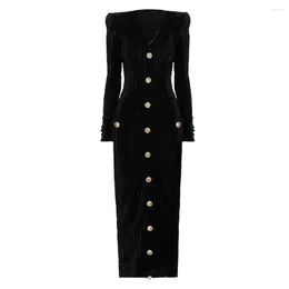 Casual Dresses Fashion Temperament Socialite Style Velvet Long Sleeve Slim V-neck Button Dress Back Zipper Skirt