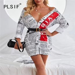 Casual Dresses Women Temperament Waist Long Sleeve Spaper Print Skirt Party Fashion Sexy Dress Autumn And Winter