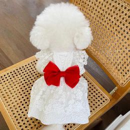 Dog Apparel Lace Princess Dress Summer Cat Wedding With Red Bow Tie Pet Clothes Bichon Chihuahua Clothing Costumes