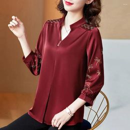 Women's Blouses Women Top Solid Colour Satin Embroidery Blouse Elegant Embroidered For Retro V Neck With Three Spring