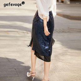 Skirts Women's Korean Fashion Sequins Elegant Chic High Waist Midi Skirt Office Lady Casual Commuter Slim A-Line Ropa Para Mujer