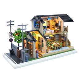 Doll House Accessories DIY Wooden Doll House Japanese Architecture Casa Mini Building Kit Doll House with Furniture Lights Girl Toys Q240522