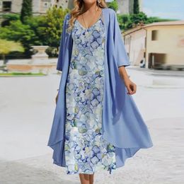 Casual Dresses 2Pcs/Set Floral Print Sling Dress Solid Color Cardigan Set V-neck Sleeveless Maxi Half Sleeve Sunscreen Coat Outfit