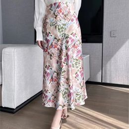 Senior Acetic Acid Satin Skirt Women Summer Long Silk Slip Feeling Light Luxury Floral High Waist Big Skirt. 240510