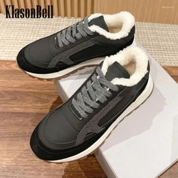 Casual Shoes 11.1 KlasonBell Bead Chain Cow Suede Genuine Leather Mixed Color Wool Lining Comfortable Keep Warm Sneakers Women