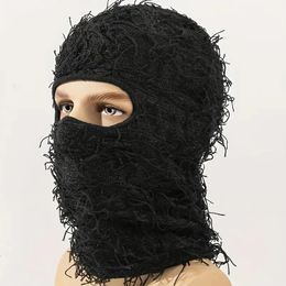 Hip Hop Balaclava Distressed Tassel Ski Mask Unisex Y2K Windproof Neck Warmer For Men Women Outdoor Cycling Knit Hat 240508