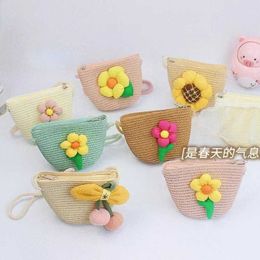 Handbags Summer Flower Childrens Coin Purse Shoulder Bags Woven Straw Baby Girls Small Crossbody Bag Lovely Kids Mini Zipper Handbags Y240523