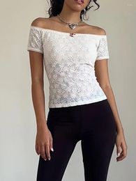 Women's Tanks Women Off The Shoulder Lace Tops Short Sleeve Boat Neck Floral Shirts Summer Y2K Going Out Crop Tank