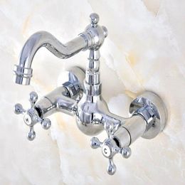 Kitchen Faucets Polished Chrome Brass Wall Mounted Bathroom Sink Faucet Swivel Spout Mixer Tap Dual Cross Handles Mnf577