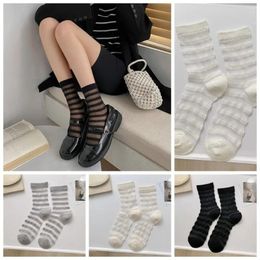 Women Socks Mid-tube Silk Vintage Anti-Friction Foot Sweat Absorbing Ultra Thin Glass Striped Long Female