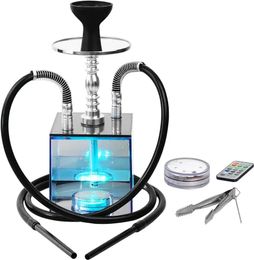 Hookah Set Micro Modern Cube 2 Hose with Silicone Bowl Leather Coal Tongs Aluminium Stem Magical Remote LED Light Shisha Smoking 240511