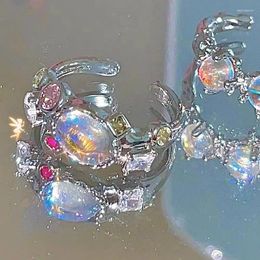 Cluster Rings Silver Color Natural Stone Opal Irregular Ring Pink Zircon Wedding Engagement Trendy Party Gift Y2K Jewelry Drop