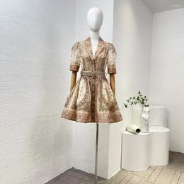 Party Dresses Est Collection 2024 Top Quality Black And Beige Unique Design Floral Print Short Sleeve Mini Dress With Belt