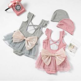 One Piece Style Kids Hat Set Fashion Sweet Solid Colour Bow Swimsuit for Little Girl Summer Soft Baby Swimwear L2405