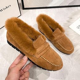 Casual Shoes Real Fur Flats Women Winter Fluffy Cotton Loafers Ladies Barefoot Warm Cold-Proof Mocasines Mujer Plush Furry Boots