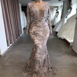 Luxury Beaded Mermaid Evening Dresses Long Sleeves Deep V Neck Lace Pageant Prom Dress Formal Party Gowns 224i