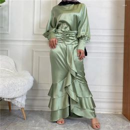 Ethnic Clothing Satin Muslim Set O-neck Button-down Shirt Ruffled Skirts Two-piece Solid Dress For Women Kaftan Femme Musulman