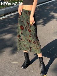 HEYounGIRL Vintage Long Skirt Green Floral Print Women Y2K High Street Grunge Fashion Elegant MidCalf Autumn Winter 2023 240520