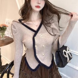 Women's Knits Irregular Double Breasted Short Cardigans Contrast Colour Autumn Winter Retro Women Sweaters Korean Chic Chaquetas