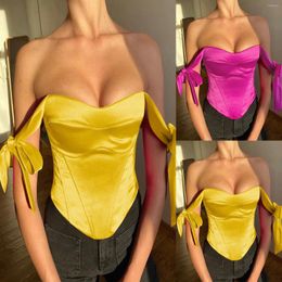 Women's Tanks Women Corset Tops Satin Off Shoulder Backless Bandage Lace Up Bustier Push Sexy Crop Tank Cami Aesthetic