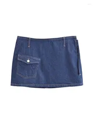 Skirts Girls Casual Safari Style Summer Blue Denim Short Women 2024 Fashion Side Zipper One Pocket Straight Mini Skirt