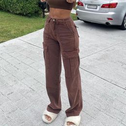 Women's Jeans Women 2024 Women's Pants European And American Style Retro Brown Pocket High Waist Straight Casual