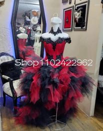 Party Dresses Gothic Mexico High Low Evening Occasion Black Red Ruffles Tiered Skirt Off Shoulder Lace Victorian Goth Prom Gown