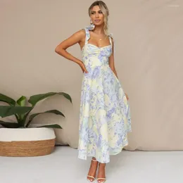 Casual Dresses Summer Dress Low-cut Floral Print V-neck Backless Sleeveless Dress-up Loose Hem Lave Up A-line Lady Ball Female Clothes