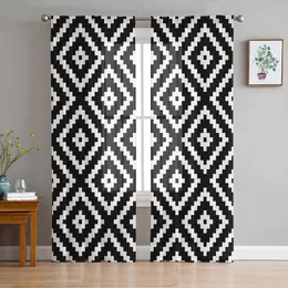 Curtain Geometric Square Texture Black White Sheer Curtains For Living Room Decoration Window Kitchen Tulle Voile