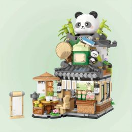 Blocks Street view spring style cute bear coffee shop panda tea house mini building block set DIY brick home decoration H240523